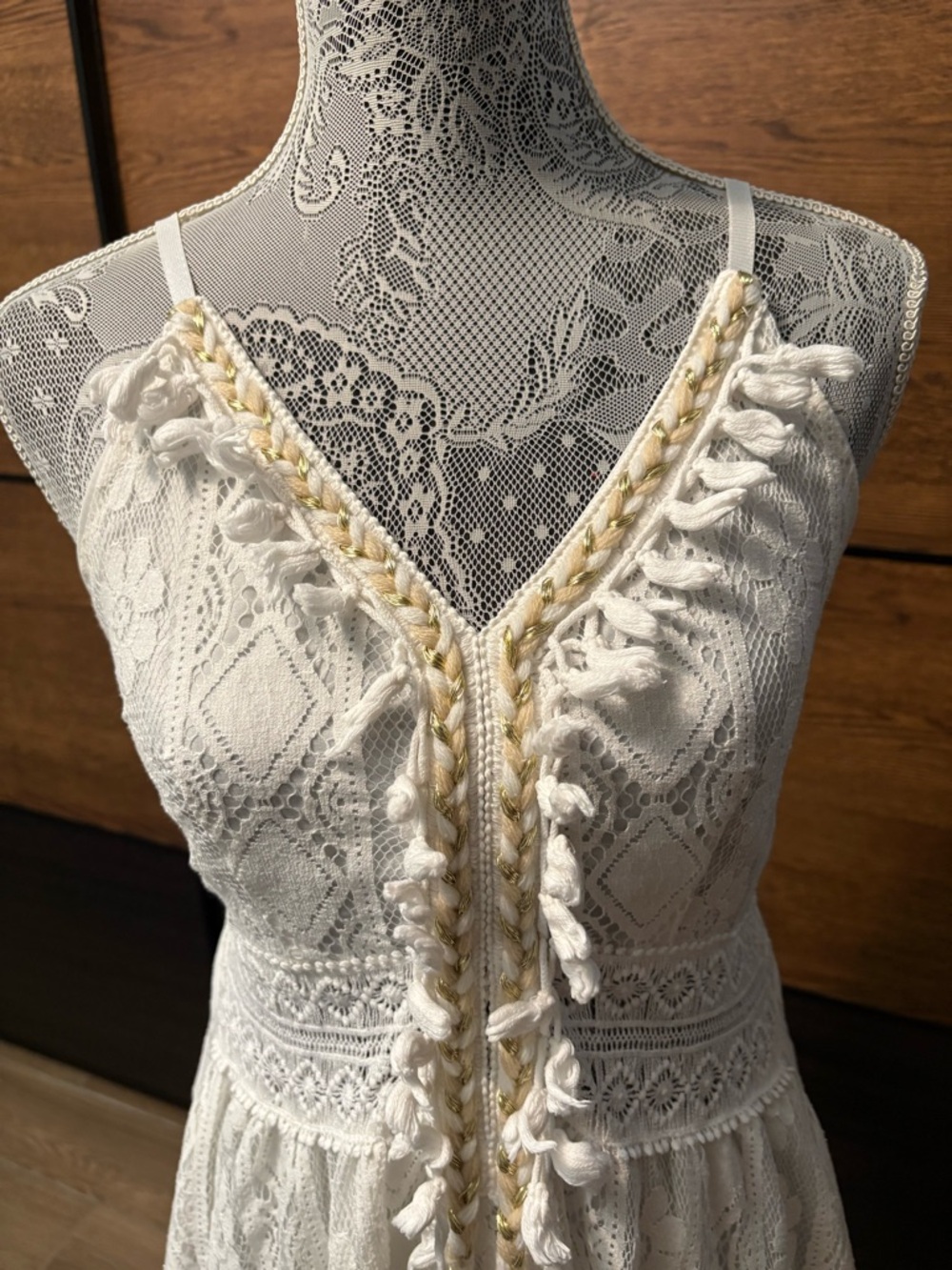 Women's Lace V-Neck Cream Maxi Dress with Pom Tie - Picture 2 of 6